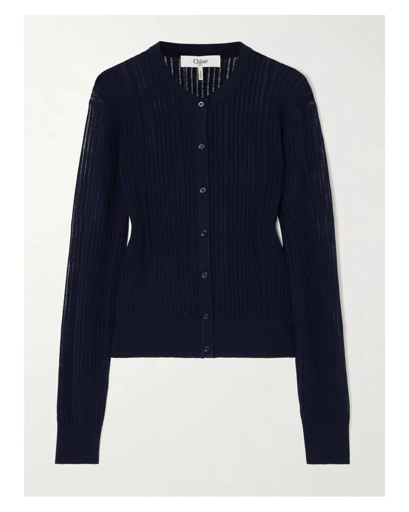 Chloé Cardigan Aus Gerippter Wolle In Pointelle-strick - Blau Blau