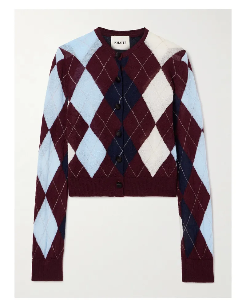 KHAITE Charli Cardigan Aus Einer Kaschmir-mohairmischung Mit Kalbshaarbesätzen Und Argyle-muster - Burgunder Burgunder