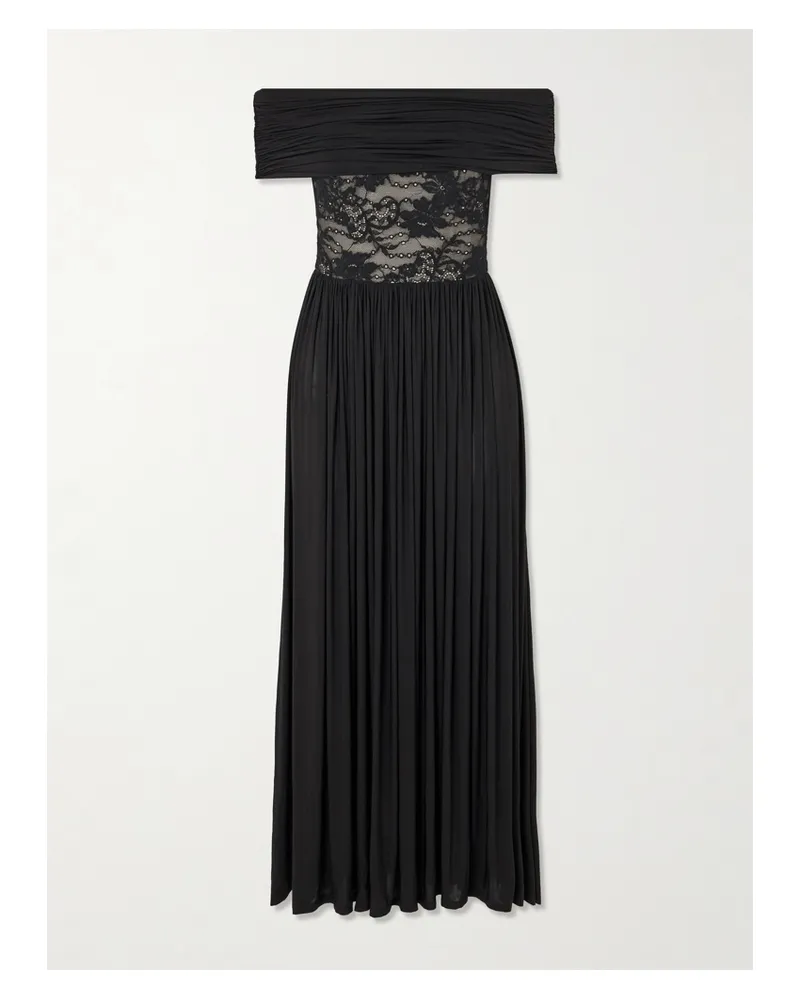 Zimmermann Schulterfreies Maxikleid Aus Stretch-jersey Mit Raffungen Und Spitzeneinsatz - Schwarz Schwarz