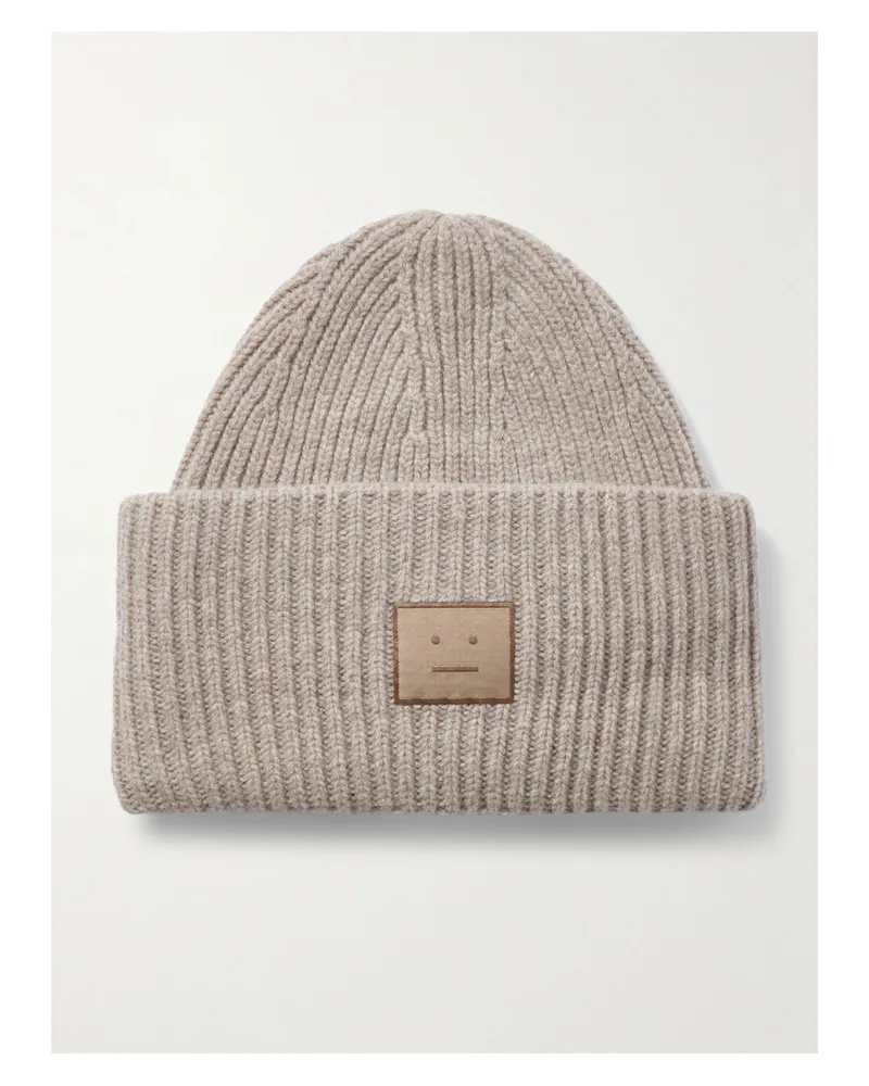 Acne Studios Beanie Aus Einer Woll-yakwollmischung In Rippstrick Mit Applikation - Braun Braun