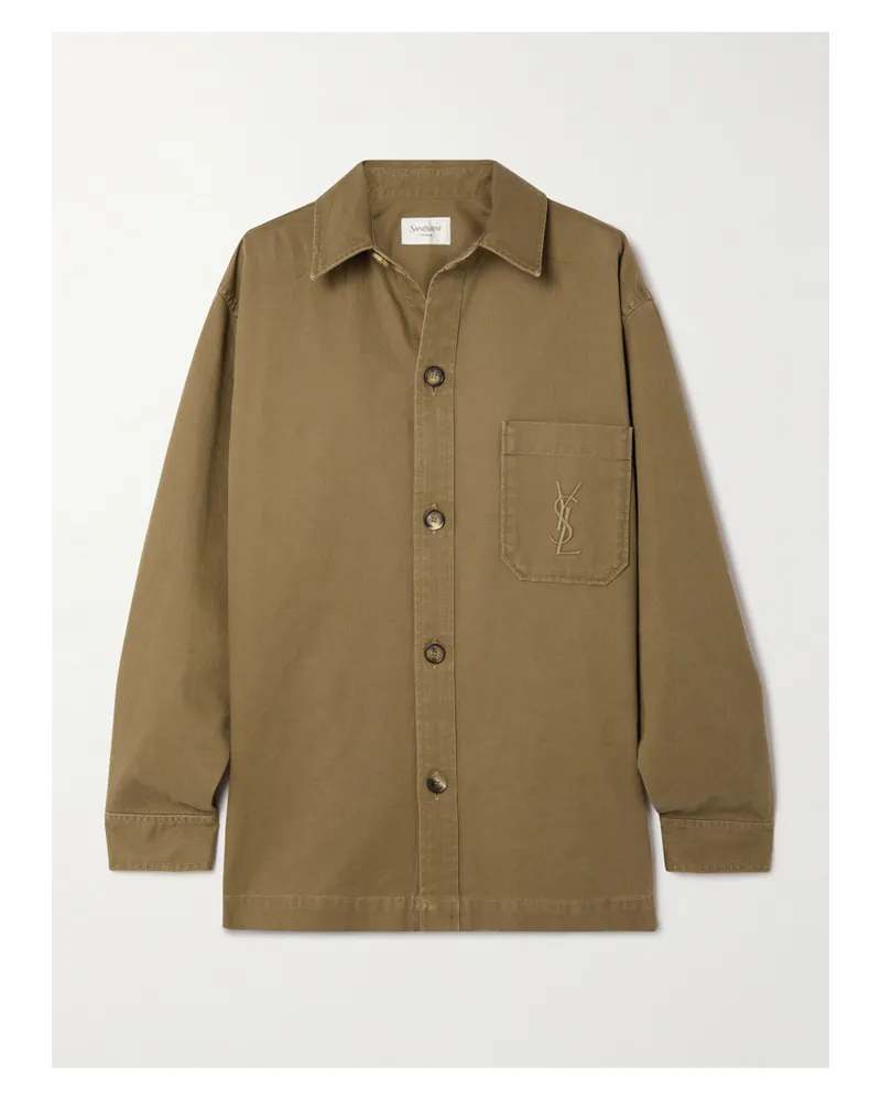 Saint Laurent Hemd Aus Gabardine Aus Einer Baumwoll-leinenmischung Mit Stickerei - Grün Grün