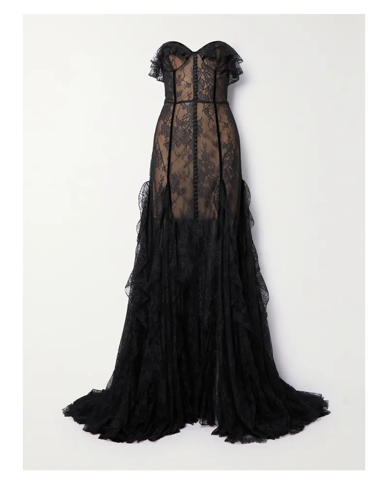 COSTARELLOS Rosaline Trägerlose Robe Aus Spitze Mit Samtbesätzen Und Rüschen - Schwarz Schwarz