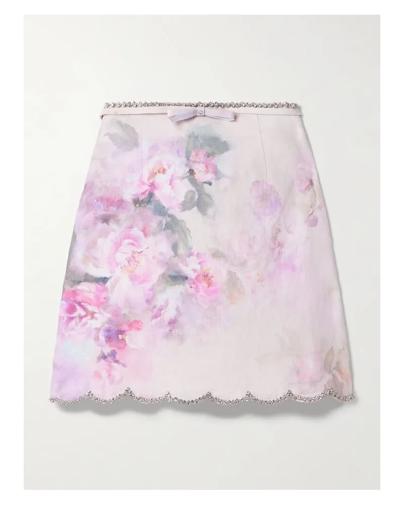 Zimmermann Crush Minirock Aus Leinen Mit Blumenprint Und Kristallen - Pink Pink