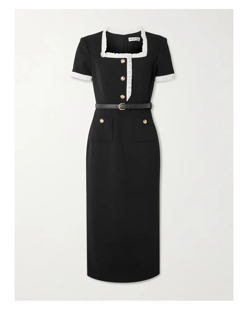 Self-Portrait Belted Ruffled Lace-trimmed Crepe Midi Dress - Black Black