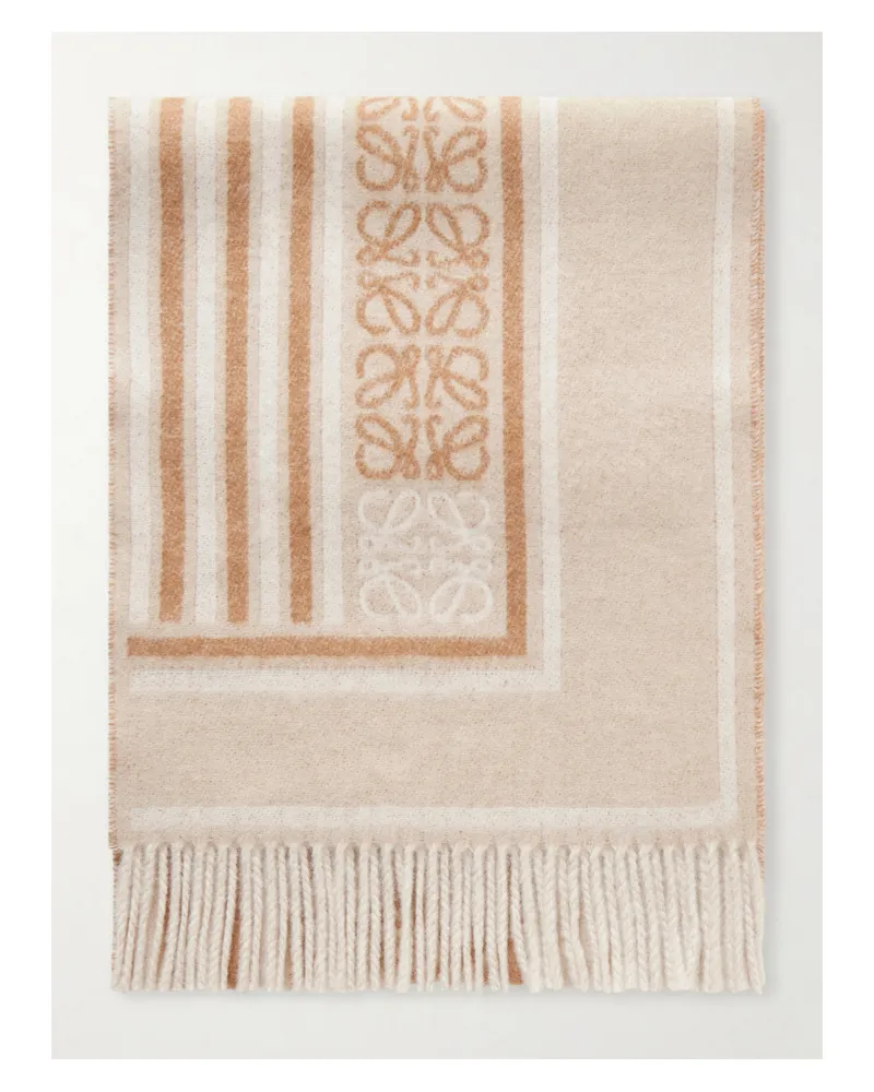 Loewe Fringed Wool And Cashmere-blend Jacquard Scarf - Neutrals Neutrals