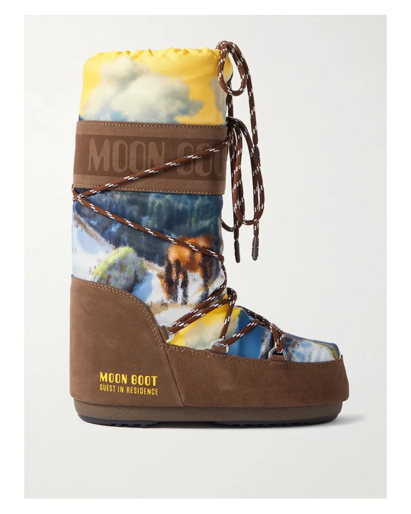 Moon Boot Guest In Residence Icon Postcard Suede-trimmed Printed Shell Snow Boots - Brown Brown