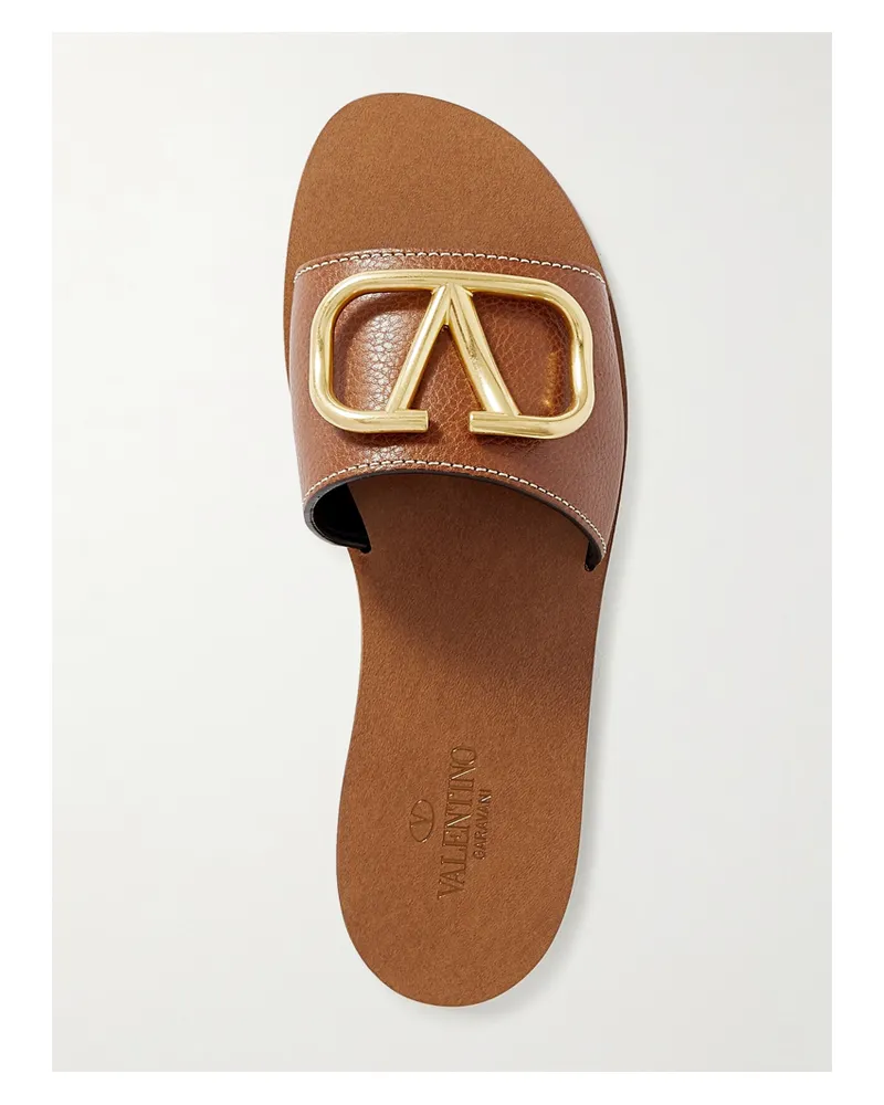Valentino Garavani Valentino Garavani Vlogo Textured-leather Slides - Brown Brown