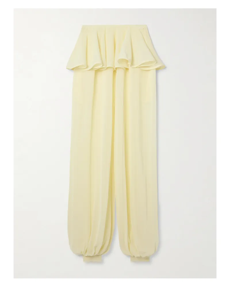 Alaïa Pleated Georgette Peplum Tapered Pants - Yellow Yellow