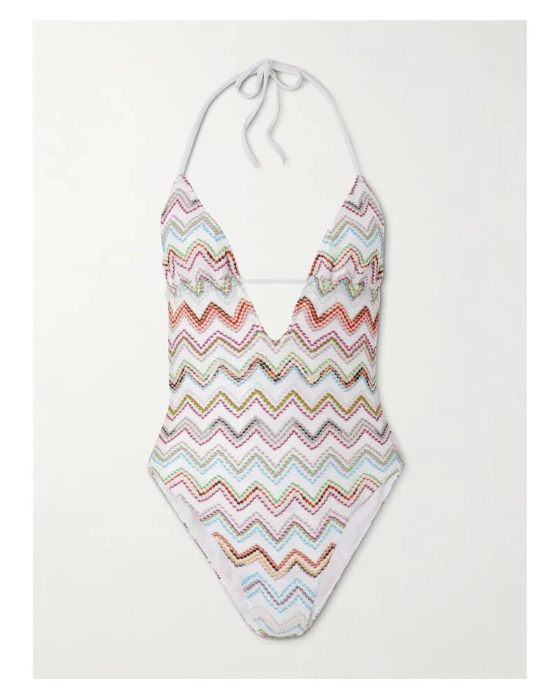 Missoni Neckholder-badeanzug Aus Gestreiftem Metallic-häkelstrick - Weiß Weiß