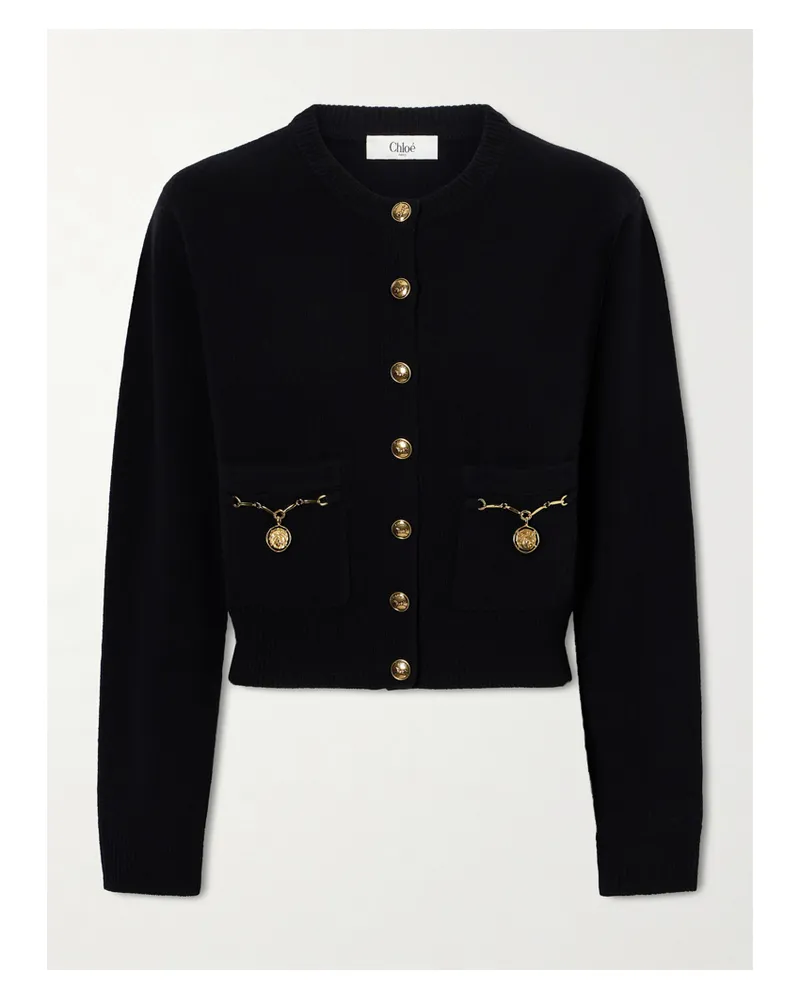 Chloé Cropped Embellished Wool And Cashmere-blend Cardigan - Black Black
