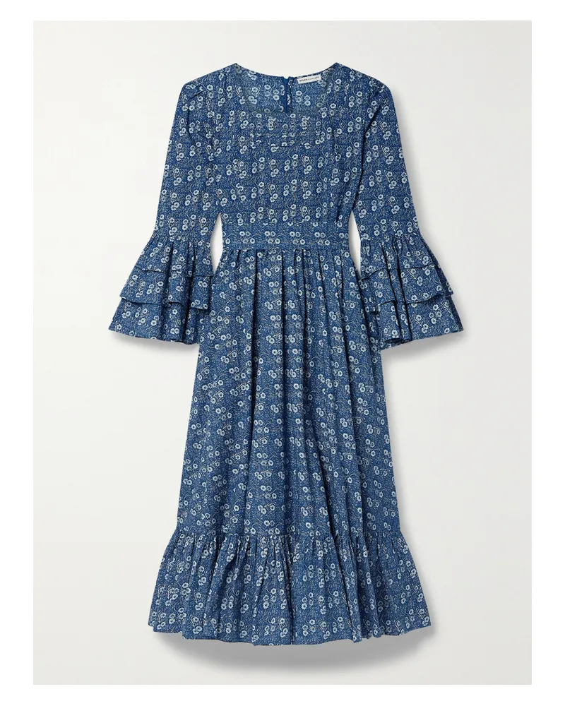 BATSHEVA Laura Ashley Waverly Midikleid Aus Baumwollpopeline Mit Blumenprint Und Rüschen - Blau Blau