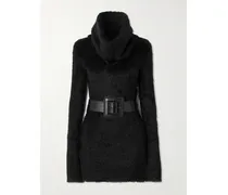 Belted Brushed-knit Turtleneck Mini Dress - Black