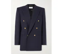 Oversized Double-breasted Grain De Poudre Wool Blazer - Blue