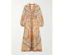 Wanderlust Gathered Printed Linen Midi Dress - Pink