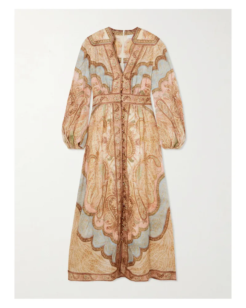 Zimmermann Wanderlust Midikleid Aus Bedrucktem Leinen Mit Raffungen - Pink Pink