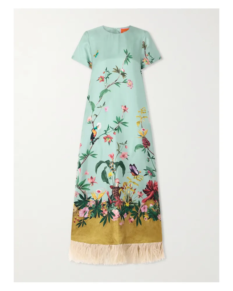 La DoubleJ Swing Feather-trimmed Printed Silk-twill Maxi Dress - Green Green