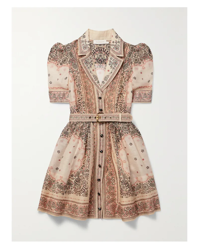 Zimmermann Matchmaker Minikleid Aus Einer Leinen-seidenmischung Mit Paisley-print Und Gürtel - Creme Creme