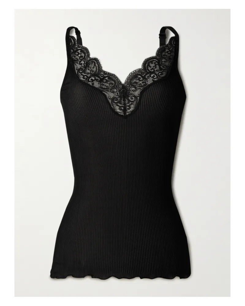 Saint Laurent Lace-trimmed Ribbed Silk-jersey Tank Top - Black Black