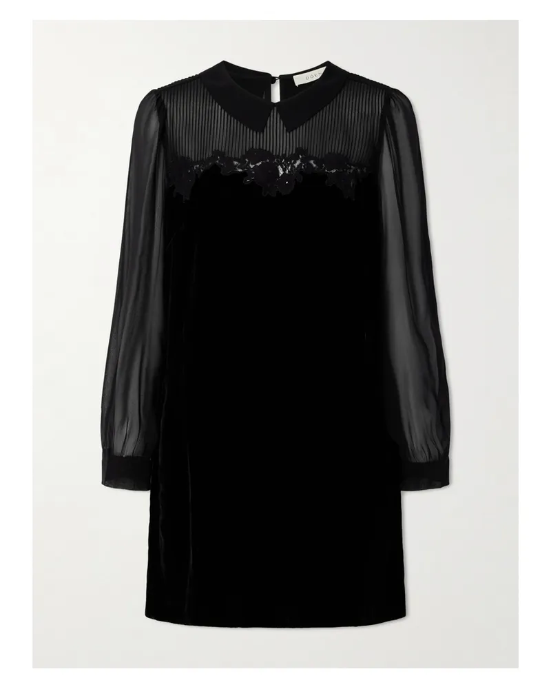 DÔEN Madelynne Corded Lace And Silk Chiffon-trimmed Velvet Mini Dress - Black Black