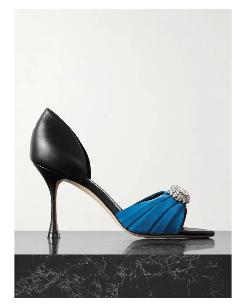 Manolo Blahnik Ansak 90 Pumps Aus Leder Und Veloursleder Mit Falten Und Kristallen - Blau Blau
