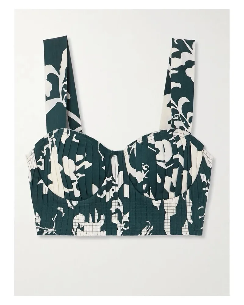 Emporio Sirenuse Dalia Bustier Aus Baumwolle Mit Blumenprint, Falten Und Fransen - Blau Blau