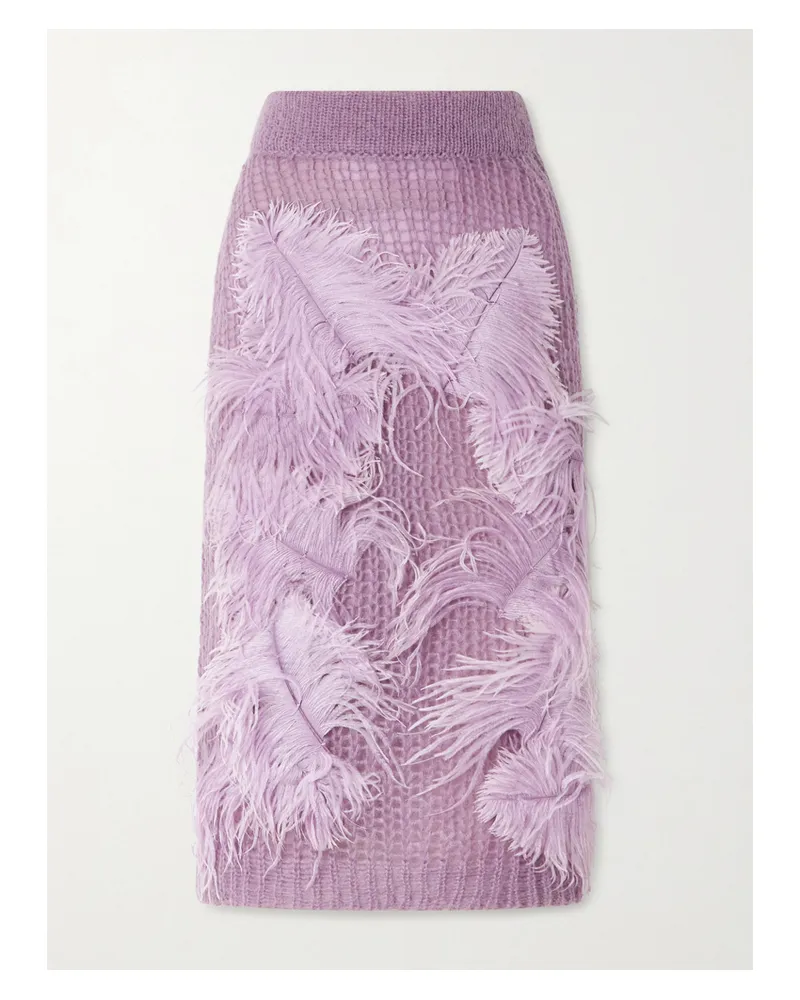 ATTICO Feather-trimmed Crochet-knit Midi Skirt - Purple Purple
