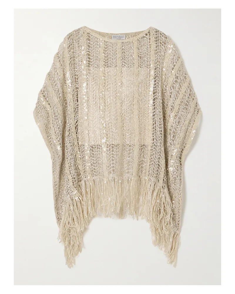 Brunello Cucinelli Oberteil Aus Lochstrick Mit Pailletten Und Fransen - Neutral Neutral