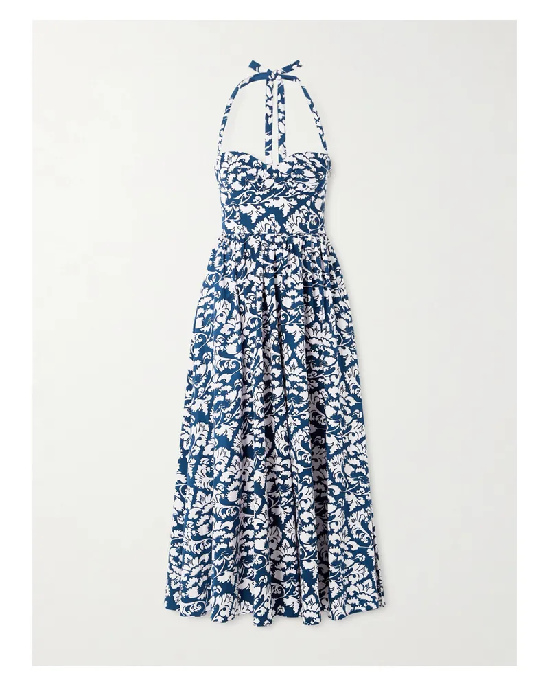 Emporio Sirenuse Johanna Lotus Pleated Floral-print Cotton-twill Halterneck Midi Dress - Blue Blue