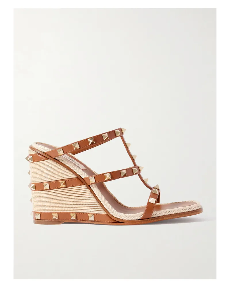 Valentino Garavani Rockstud 100 Leather Wedge Espadrille Sandals - Brown Brown