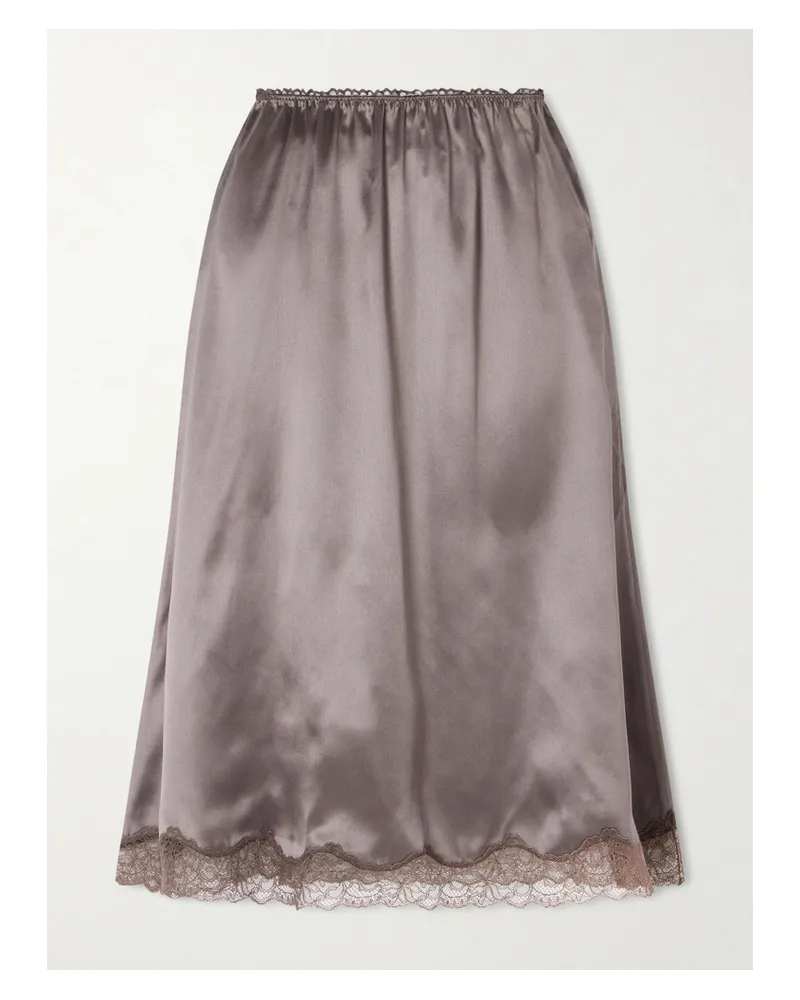 Magda Butrym Lace-trimmed Silk-satin Midi Skirt - Brown Brown