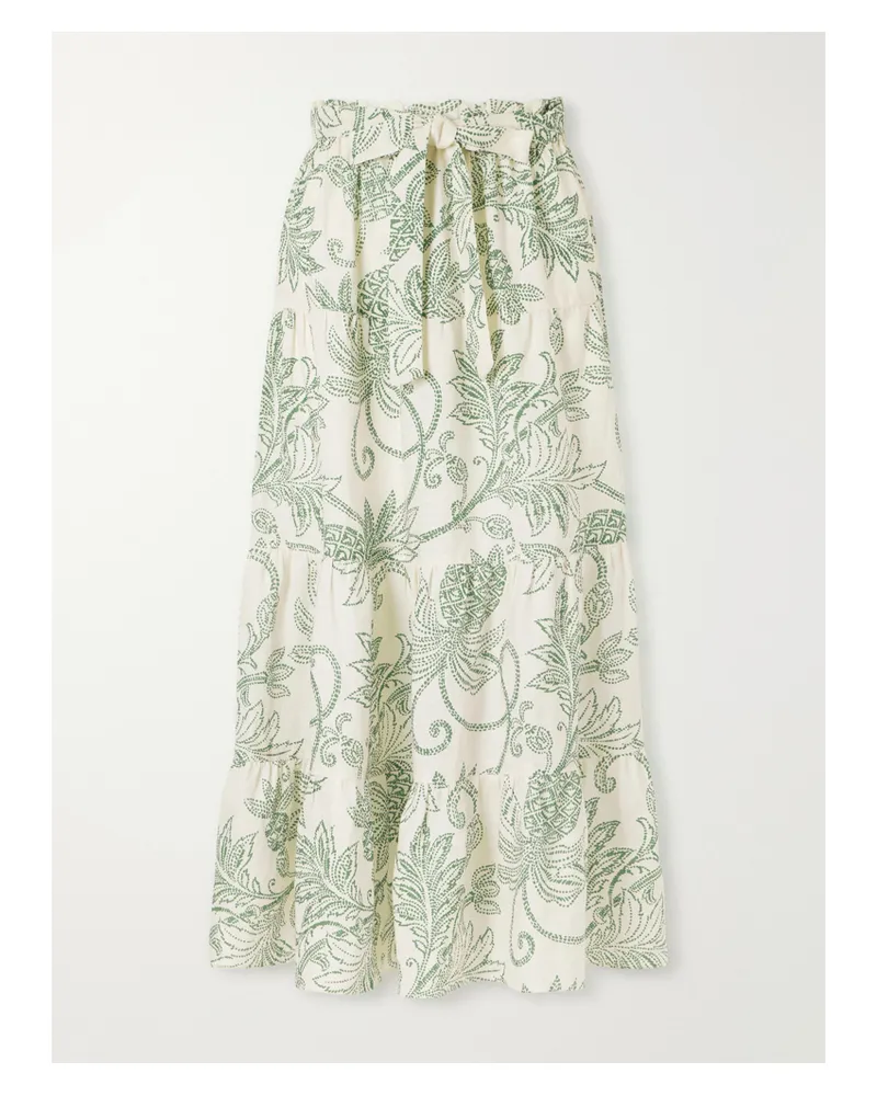 lemlem Sanaa Tiered Printed Linen Midi Skirt - Green Green