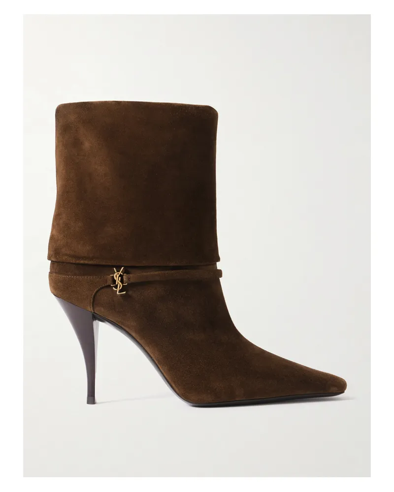 Saint Laurent Niki Embellished Suede Ankle Boots - Brown Brown