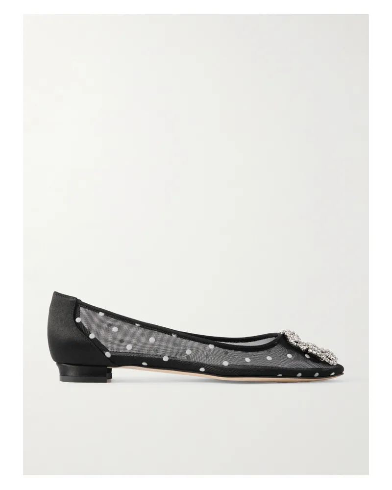 Manolo Blahnik Hangisiflat Ballerinas Mit Spitzer Kappe Aus Beflocktem Mesh Mit Satinbesätzen Und Kristallen - Schwarz Schwarz