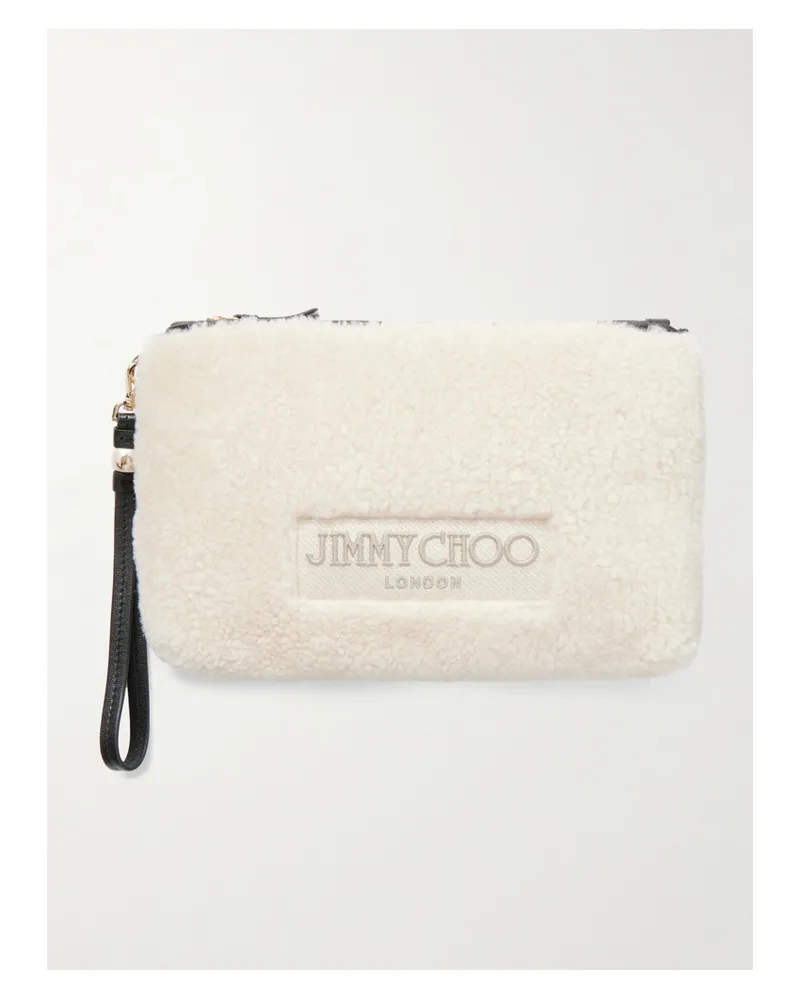 Jimmy Choo Embroidered Leather-trimmed Shearling Clutch - Cream Cream