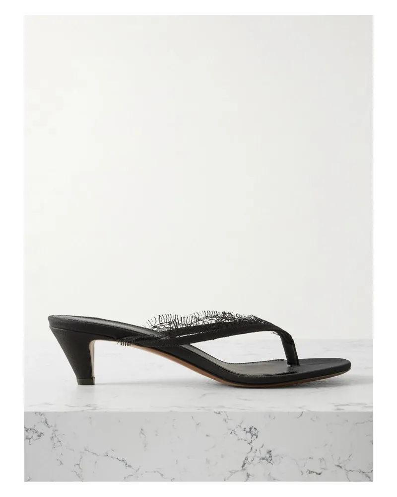NEOUS Kalliope Zehensandalen Aus Crêpe De Chine Mit Spitzen- Und Lederbesätzen - Schwarz Schwarz