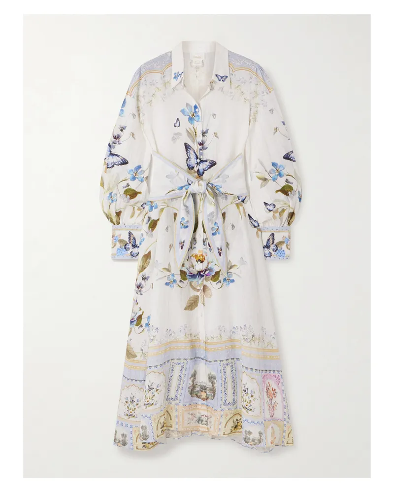 Camilla Midi-hemdblusenkleid Aus Leinen Mit Blumenprint, Verzierungen Und Bindegürtel - Weiß Weiß