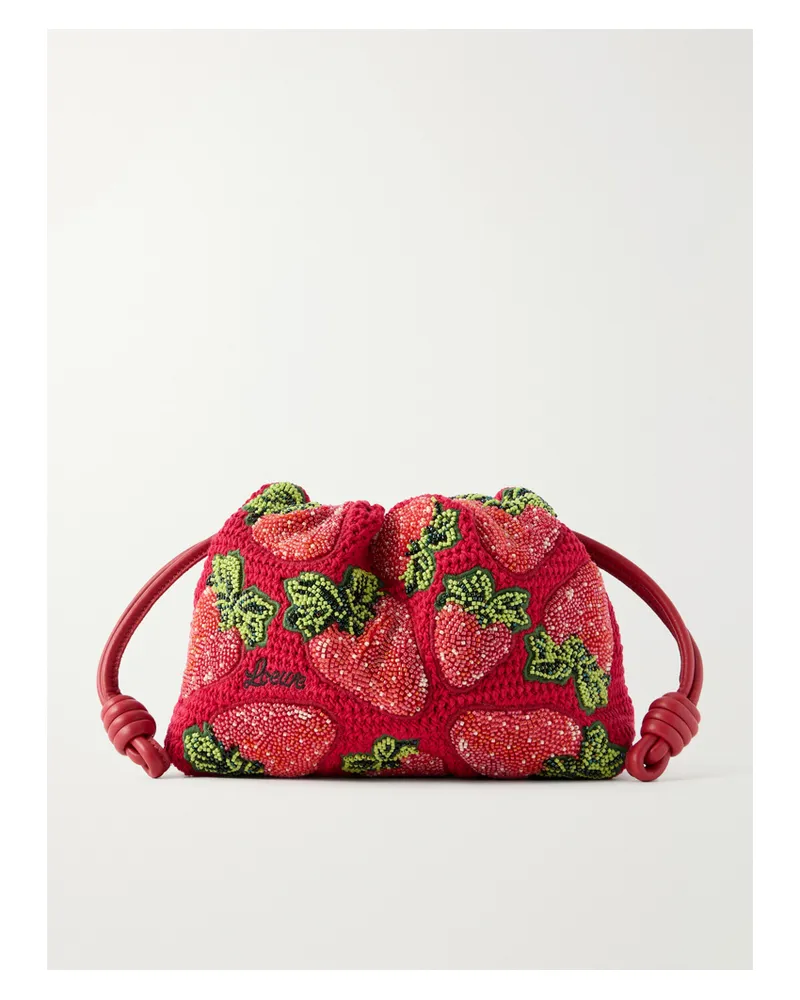 Loewe Paula's Ibiza Flamenco Leather-trimmed Beaded Clutch Bag - Red Red
