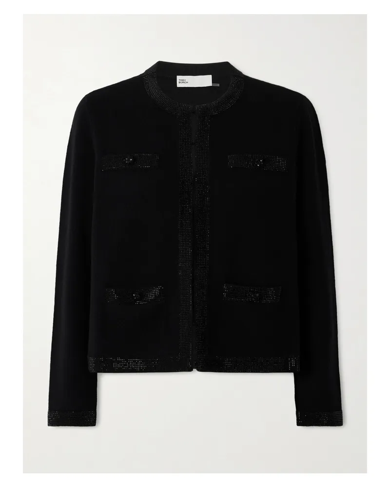 Tory Burch Kendra Crystal-embellished Wool-blend Cardigan - Black Black
