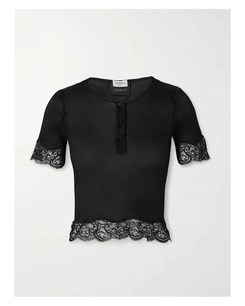 Saint Laurent Scalloped Lace-trimmed Ribbed Jersey Henley Top - Black Black