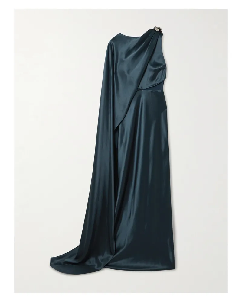 Saloni Phoenix Robe Aus Satin Mit Raffungen, Kristallen Und Cape-effekt - Blau Blau