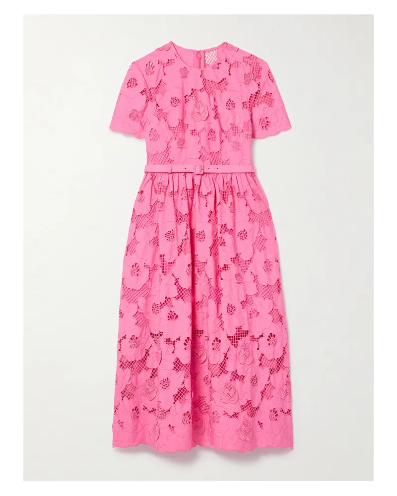 Self-Portrait Midikleid Aus Guipure-spitze Aus Einer Baumwollmischung Mit Gürtel - Pink Pink