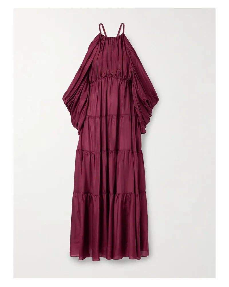 Zimmermann Tallow Schulterfreies Maxikleid Aus Seidensatin Mit Falten - Burgunder Burgunder