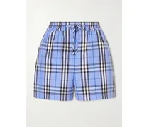 Plaid Drawstring Cotton Shorts - Blue