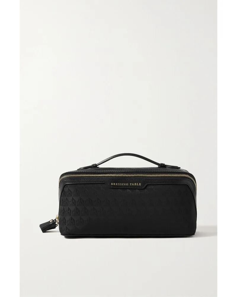 Anya Hindmarch Dressing Table Kosmetiktasche Aus Nylon-jacquard Mit Logomuster Und Lederbesätzen - Schwarz Schwarz
