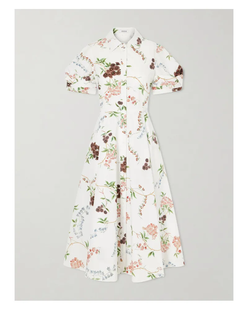 Erdem Pleated Floral-print Cotton-poplin Midi Shirt Dress - White White