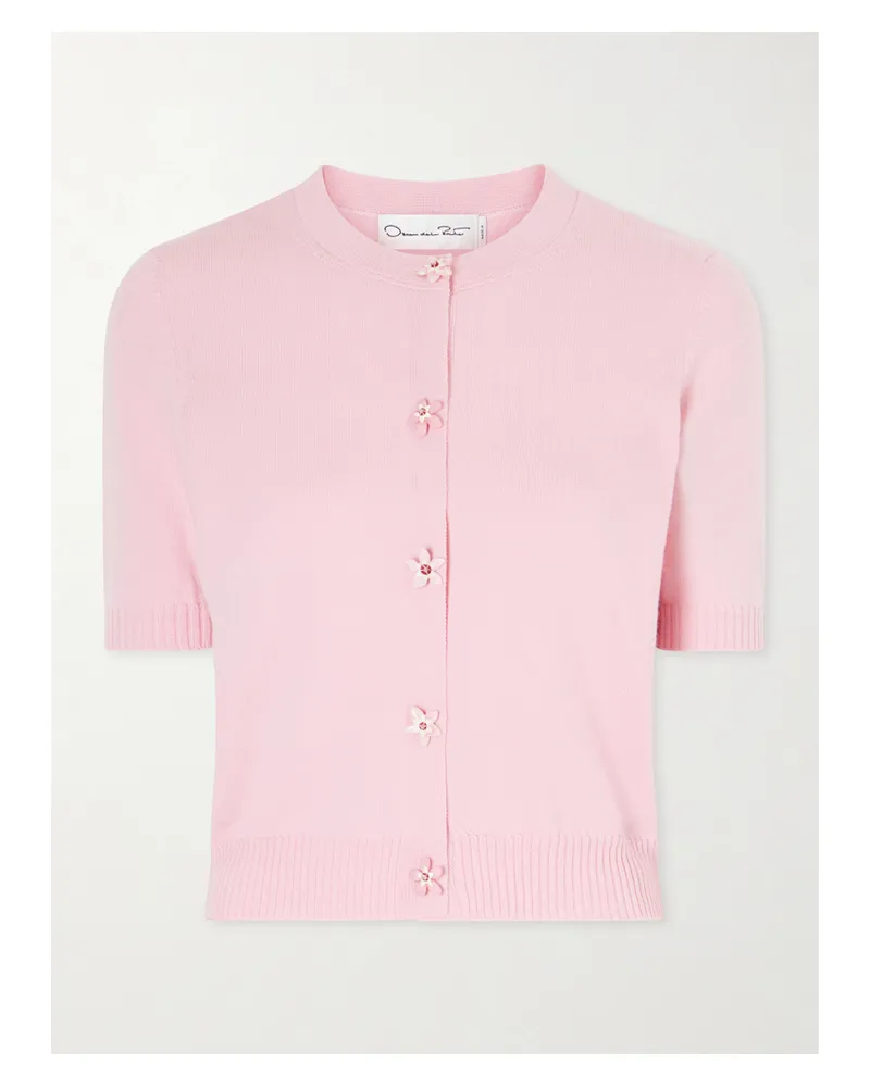 Oscar de la Renta Cropped Floral-embellished Cashmere Cardigan - Pink Pink