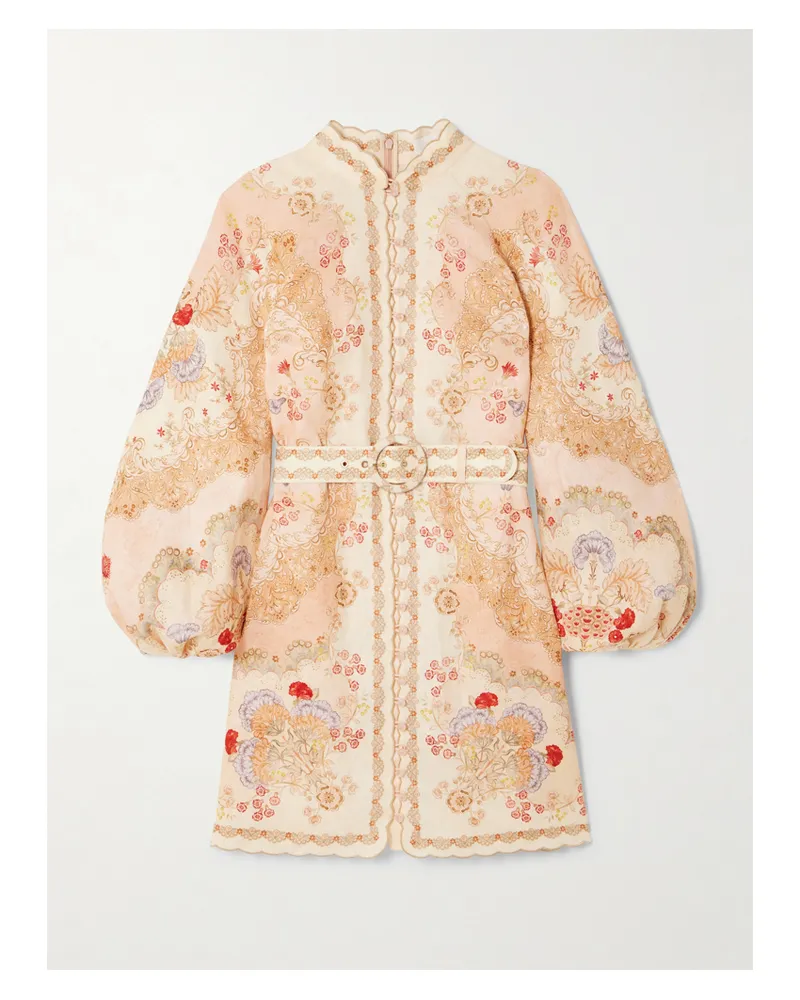 Zimmermann Daylight Minikleid Aus Bedrucktem Leinen Mit Wellenkanten Und Gürtel - Braun Braun