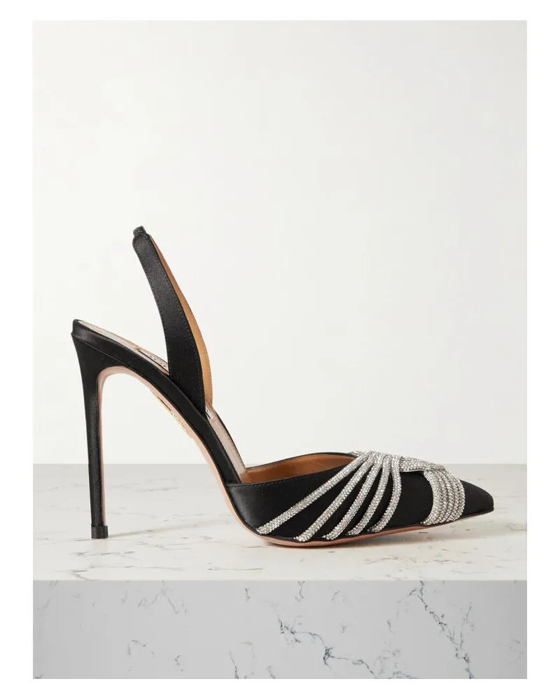 Aquazzura Gatsby 105 Slingback-sandalen Aus Satin Mit Kristallen - Schwarz Schwarz