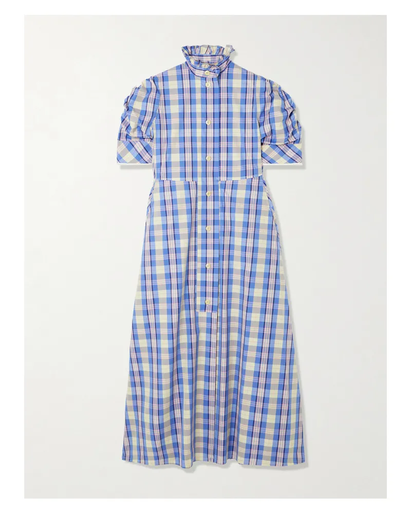Thierry Colson Venetia Ruffled Checked Cotton-blend Midi Dress - Blue Blue