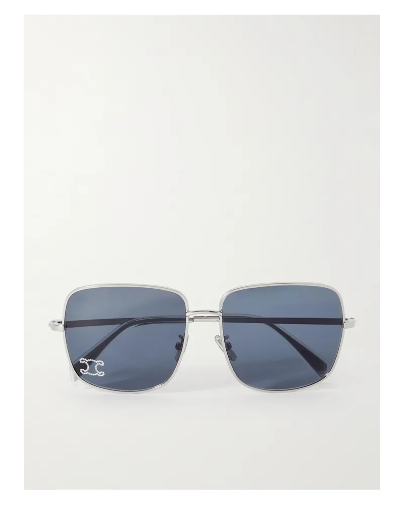 Celine Triomphe Crystal-embellished Square-frame Silver-tone Sunglasses Silver